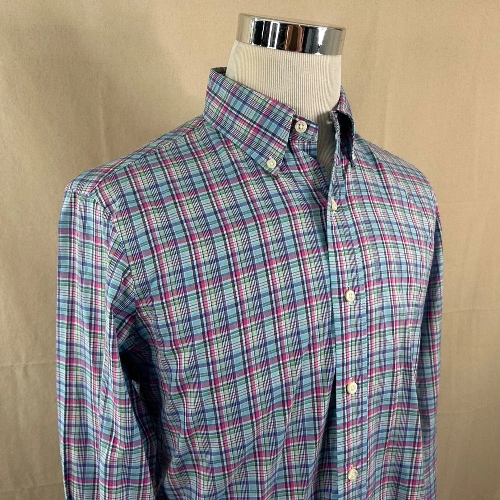 Polo Ralph Lauren Medium Button Down Shirt Blue Pink Plaid 100% Cotton Mens